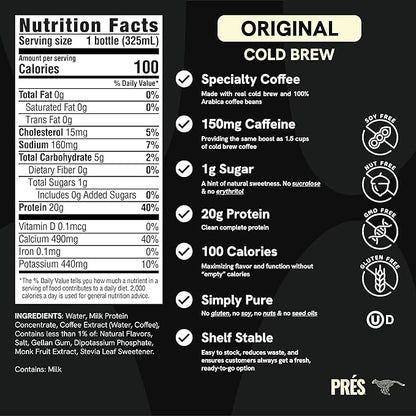 Protein Coffee - 100% Arabica Beans Real Cold Brew - 20g Ready To Drink Protein - 1g Sugar - 100 Calories - No Added Sugar, 99% Lactose Free Keto Friendly Proffee - 11 FL OZ - 12pk Original