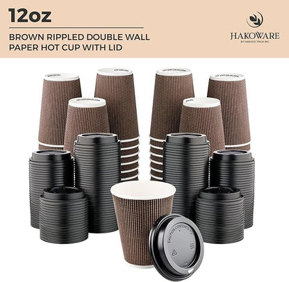 [100 SET]Harvest Pack 12 oz Disposable Coffee Cups, Insulated Ripple Double-Walled Paper Cups with Lids, Brown Geometric, Leak-Proof Drinking Cups for Tea Hot Chocolate Drinks To go coffee cups