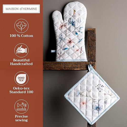 Maison d' Hermine 100% Cotton Oven Mitt & Pot Holder Set (7.5"x13" & 8"x8") Heat Resistant BBQ Cooking Gloves with Loop, Baking, Grilling, Kitchen, Handling Hot Pans (Ice Florals)