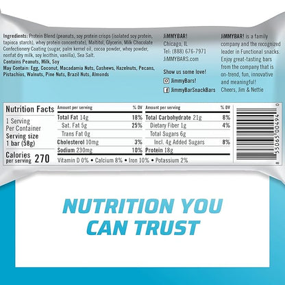 JiMMYBAR! Chocolate Peanut Butter Protein Bars 18g Protein Bar, 6g Low Sugar - 12 Count - 58g Health Bars - Functional Snack with Real Peanuts & Hand-Drizzled Chocolate