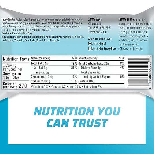 JiMMYBAR! Chocolate Peanut Butter Protein Bars 18g Protein Bar, 6g Low Sugar - 12 Count - 58g Health Bars - Functional Snack with Real Peanuts & Hand-Drizzled Chocolate