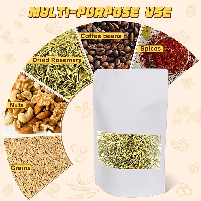 Jetmore-50pack-Smell-Proof-Bag, Reusable Zip Lock Bags with Window, Resealable Stand Up Packaging Bags, Brown Paper Pouches for Coffee, Tea, Herbs, Spice, Snack, Baked Goods, Goodie Bags