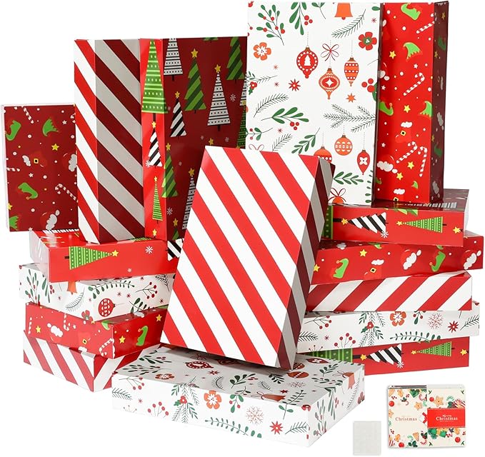 joyhalo 16 Pcs Christmas Gift Boxes with Lids for Presents Bulk 14.5" x 9.5" x 2.5" Large Gift Boxes for Clothes, Wrapping Xmas Robe, Shirt, Goody for Christmas, Birthdays, Wedding, 4 Designs