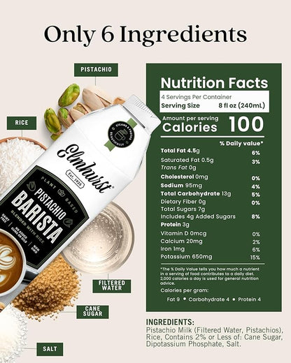 Elmhurst 1925 Pistachio Milk Barista Edition – 32 Ounce (Pack of 6) Plant-Based, Vegan, Dairy-Free, Non-GMO, Kosher, Froths for Lattes & Iced Coffee, 3g Protein per Serving, Simple Ingredients