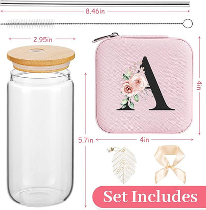 AYGXU glass cups with lids and straws,bridesmaid proposal gifts,Initia glass cups,Travel Must Have Jewelry Box,iced coffee cups,Travel Gifts for Women Girls,Birthday Gifts,Initial A pink