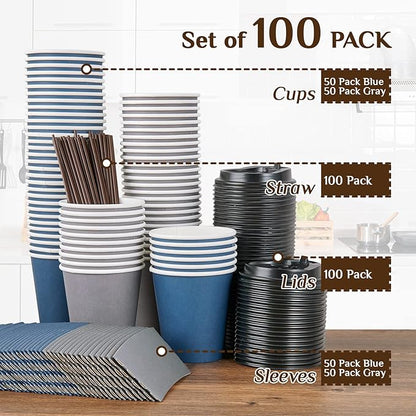 LITOPAK 100 Pack 10 oz Disposable Paper Coffee Cups with Lids, Sleeves and Stirring Sticks for Hot Coffee, Water or Juice, Blue and Gray Hot Paper Cups for Cafes, schools, offices, shops