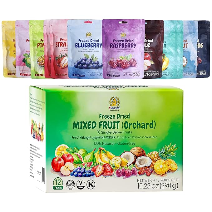 SUNGIVEN Mixed Freeze Dried Fruit, Variety Pack of 12 Single Bag, Health Snack, Freeze-Dried Apple Banana Strawberry Blueberry Raspberry Coconut Mango Pineapple, No Sugar Added, 10.2 oz