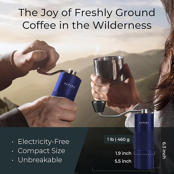 Manual Coffee Grinder by Alpaca Ventures - Stainless Steel Conical Burr Coffee Grinder Manual with Adjustable Setting Double Bearing Hand Espresso Grinder Perfect for Home, Office and Camping