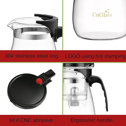 CNGLASS Glass Teapot with Removable Infuser,25oz Clear Tea Kettle with One Button Press to Filter the Tea Soup,Loose Leaf and Blooming Tea Maker