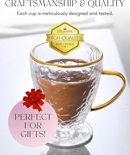 Sister.ly Drinkware, Hammered Double Wall Glass Coffee Cups with Gold Rim and Gold Handle, Insulated Glass Coffee Mugs, Set of 2, 12 ounces. Perfect for Espresso, Latte, Tea, Irish Coffee
