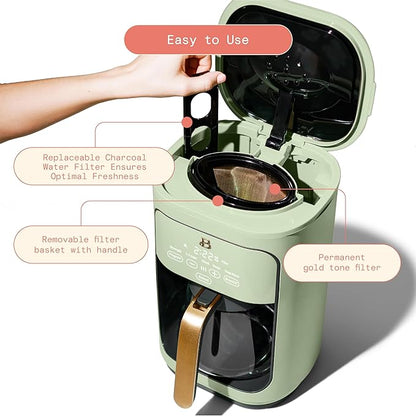 Beautiful Coffee Maker, 14-Cup, Touch Display, Programmable, 1200W, Stainless Steel, Keep Warm, 24h Timer dishwasher-safe (Sage Green)
