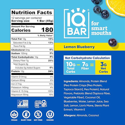 IQBAR Brain and Body Plant Protein Bars - Lemon Blueberry - 12-Count - Keto, Vegan, Low Carb, High Fiber, Gluten Free, Dairy Free, Low Sugar Snack with Nutrients for Focus, Energy, Meal Replacement