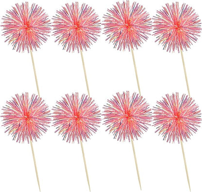 Ephlyn 30Pcs Foil Firework Cupcake Toppers Sparkle Tinsel Cupcake Picks Happy Birthday Cake Decorations Drink Stirrers Cocktail Food Fruit Toothpicks for Baby Shower Graduation Party Supplies Orange