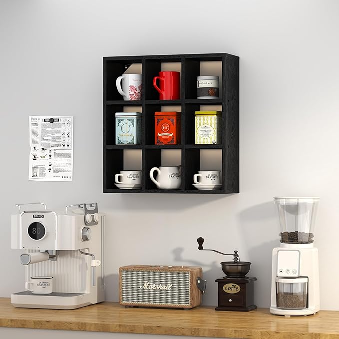 Helsin 9 Grid Vintage Coffee Mug Display Rack, 16inch Wall Mounted Wooden Curio Shadow Box Shelf, Cup Floating Shelves Display and Organizer (Black)