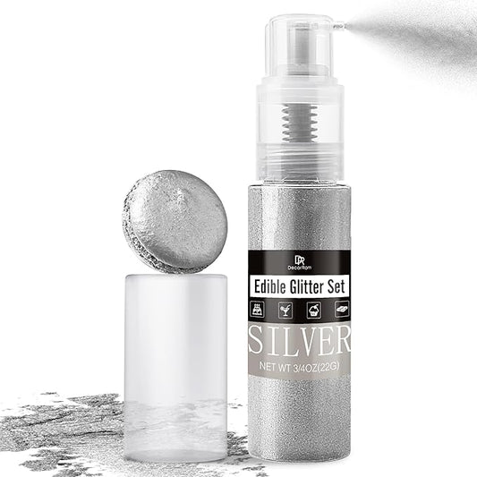 Edible Glitter Spray - 3/4oz Luster Dust Edible Food Grade Glitter Shimmer Dust Powder for Cocktails, Drinks, Cake Decorating - Metallic Food Coloring Powder for Wine, Candy, Cookie, Icing (Silver)