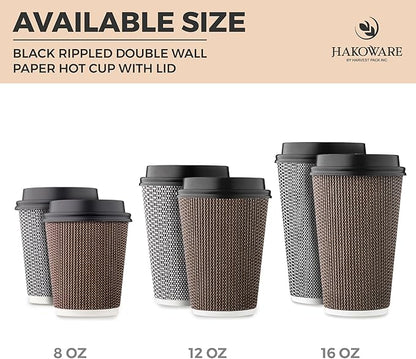 [400 SET]Harvest Pack 12 oz Disposable Coffee Cups, Insulated Ripple Double-Walled Paper Cup with Lid, Brown Geometric, Tea Hot Chocolate Drinks To go coffee cups