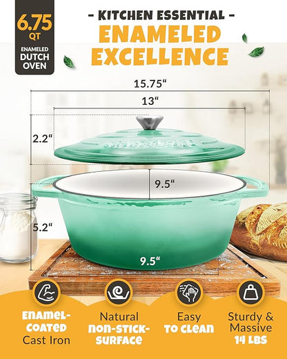 Dutch Oven for Baking - incl. Sourdough Baking Supplies like Banneton Proofing Basket - 6.75QT Enameled Oval Cast Iron Bread Oven with Lid and Scoring Tool Lame