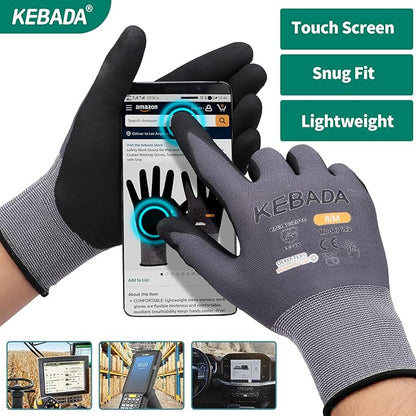 Kebada W2 Safety Work Gloves, Micro-Foam Nitrile Coated Gloves, Touchscreen,Ideal for Package Handling, Gardening, Construction, 1 Pair Medium