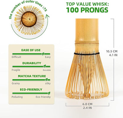 TEANAGOO Matcha Whisk Set, Bamboo Matcha Whisk (Chasen), 4 Pcs Traditional Starter Matcha Set, Scoop (Chashaku) Tea Spoon Whisk Holder, Matcha Accessory, Bamboo Whisk For Matcha Tea (100prongs)