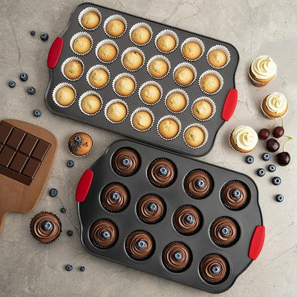 Tiawudi Muffin Pan, Nonstick Cupcake Pan Set, 2 Pack Heavy Duty Muffin Tins for Baking, 12-Cup Regular and 24-Cup Mini Bareware Tray with Silicone Grip Handles
