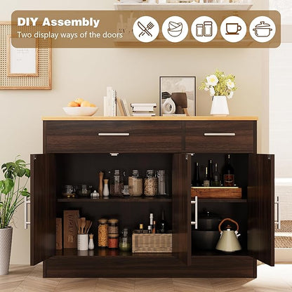 Vongrasig 43” Sideboard Buffet Cabinet with Storage, Farmhouse Coffee Bar with Drawers and Shelves, Wood Buffet Table for Kitchen Dining Room, Living Room, Rustic Brown