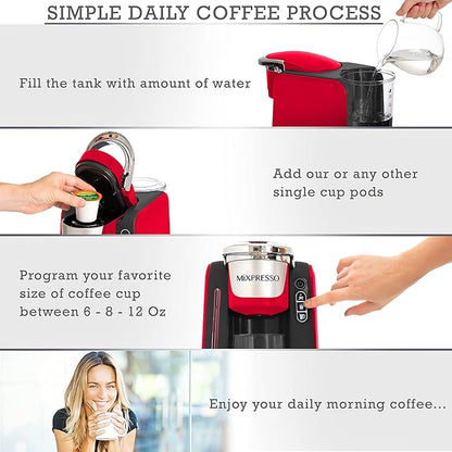 Mixpresso Single Cup Coffee Maker Compatible With 1.0 & 2.0 Single Cup Pods, Removable 45oz Water Tank, Quick Brewing with Auto Shut-Off, One Touch Function (Red/Black)