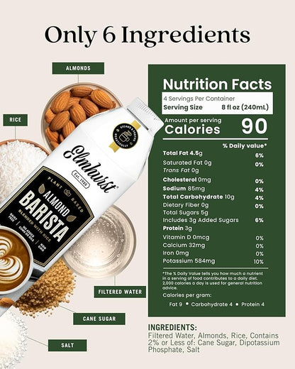 Elmhurst 1925 Almond Milk Barista Edition – 32oz (6-Pack) Plant-Based, Vegan, Dairy-Free, Kosher, Gluten-Free, Non-GMO, Froths for Lattes & Iced Coffee, 3g Protein per Serving, Simple Ingredients