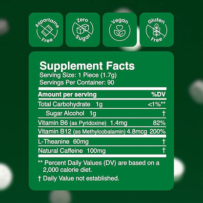 Neuro Energy & Focus Gum, Extra Strength - 100mg Natural Caffeine Gum & Nootropic Energy Supplement with L-Theanine & B Vitamins - Sugar Free, Vegan - Spearmint, 90ct