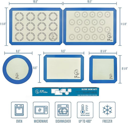 Silicone Baking Mat Set of 5-2 Half Sheets (Macaron & Cookie Circle On Mat) + 1 Quarter + 1 Round & 1 Square Size Silicone Baking Sheet - Nonstick & Easy to Clean - 100% Silicone Mats for Baking