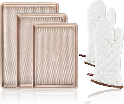 HONGBAKE 3 Pack Gold Nonstick Baking Sheet Pan Set with Oven Mitts Heat Resistant, Non-Toxic Half/Quarter/Jelly Roll Pans with Diamond Texture Pattern, Heavy Duty 0.8mm Thick Cookie Trays for Cooking