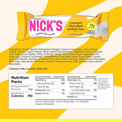 Nick’s Chocolate Caramel Protein Bars – 12-Count Box | High Protein, Low Calories, Low Carbs, Keto Friendly, No Added Sugar