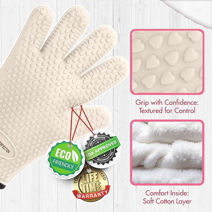 KITCHEN PERFECTION Silicone Smoker Oven Gloves For Women -Extreme Heat Resistant BBQ Gloves -Handle Hot Food Right on Your Smoker Grill Fryer|Waterproof Oven Mitts Grill Gloves |Superior Set+3 Bonuses