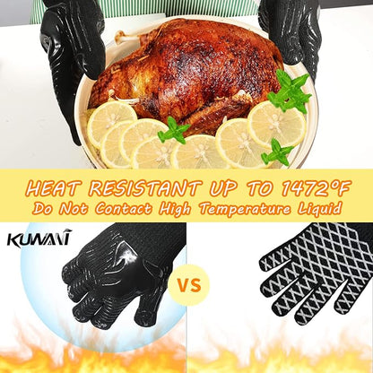BBQ Gloves, 1472°F Heat Resistant Fireproof Mitts, Silicone Non-Slip Washable Oven Kitchen Gloves for Barbecue, Grilling, Cooking, Baking, Camping, Smoker (Black)