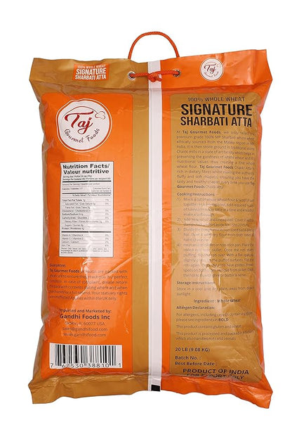 TAJ Signature Sharbati Atta 20-Pounds (Chakki Atta - Stone Ground), 100% Whole Wheat Flour, Chappati Flour