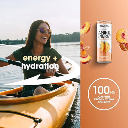 Optimum Nutrition Amino Energy Sparkling Hydration Drink, Electrolytes, Caffeine, Amino Acids, BCAAs, Sugar Free, Peach Bellini, 12 Fl Oz, 12 Pack (Packaging May Vary)