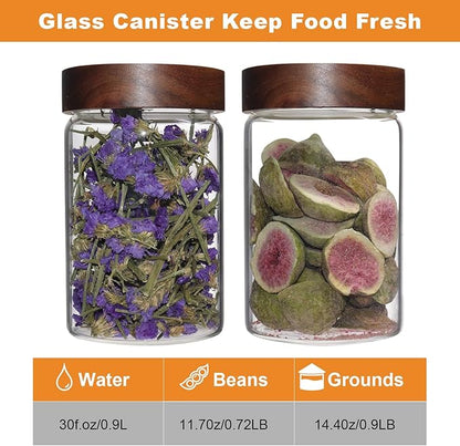 Glass Coffee Jars Spice Jar Round Storage Canister with Wooden Lid Clear Glass Food Jar for Pantry Sugar Tea Coffee Bean Spice Nuts Cookies Bath Salts (900ML*2PACK)