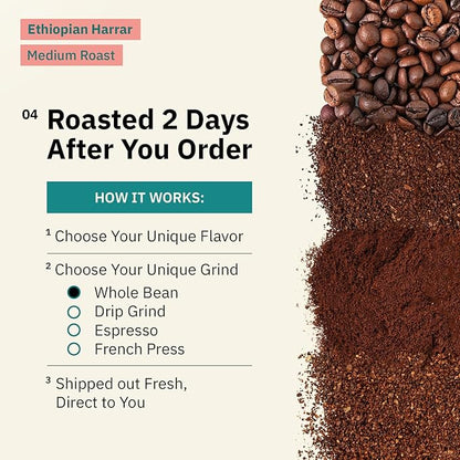 Organic Ethiopian Whole Bean Specialty Coffee Medium Roast - 12 oz, Single Origin Ethiopian Harrar Beans, Fair Trade, Chocolate & Fruity Notes - Roasted To Order