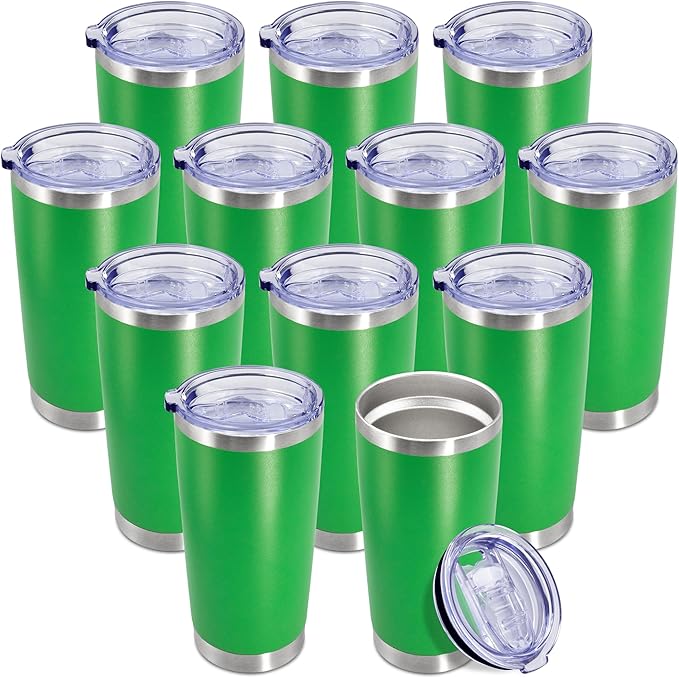 20 oz Tumbler Coffee Tavel Tumblers Bulk with Lid Stainless Steel Double Wall Vacuum Insulated Mug Powder Coated Cups fit Car Cupholder for Hot and Cold - Green, 12Pack