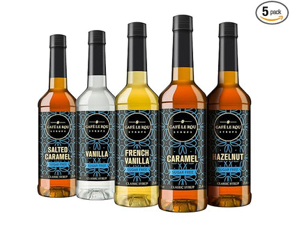 Café Le Rou Coffee Syrup Sugar Free Variety 25.4oz Vanilla, French Vanilla, Caramel, Salted Caramel, Hazelnut - (Sugar Free Variety, 5-Pack) Flavoring Syrup for Coffee, Tea and Espresso Made in the USA