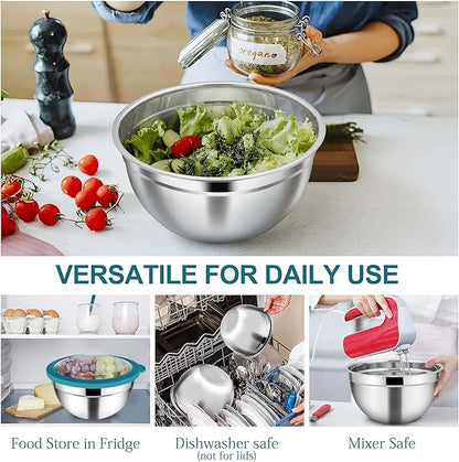 TeamFar Mixing Bowl Set, 4.5/3/1.5 QT Stainless Steel Nesting Salad Bowls with Airtight Lids, For Serving/Mixing/Storing/Prepping, Non-Toxic & Sturdy, Visible & Easy Clean, Dark Blue, Set of 3