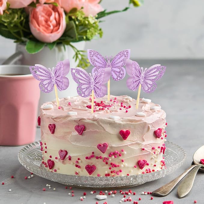 Chinco 48 Pcs Butterfly Cupcake Toppers Assembled Double Layer Cupcake Topper 3D Glitter Cake Topper Butterfly Cocktail Pick Decoration for Baby Shower Birthday Wedding(Purple,Classic Style)