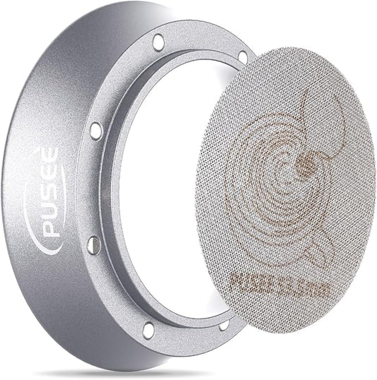 54mm Espresso Dosing Funnel & 53.5mm Puck Screen,PUSEE Coffee Dosing Ring Aluminum Metal,Reusable 1.7mm Thickness 150μm Espresso Puck Screen 316 Stainless Steel Fits 54mm Portafilter