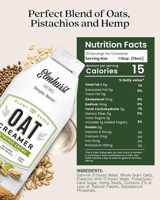 Elmhurst 1925 Pistachio Crème Oat Creamer - 16 Ounce (Pack of 6) Dairy-Free, Vegan, Kosher, Low Sugar, Shelf Stable Creamer Made with Oat Grains & Pistachios for Simpler Plant Based Alternatives