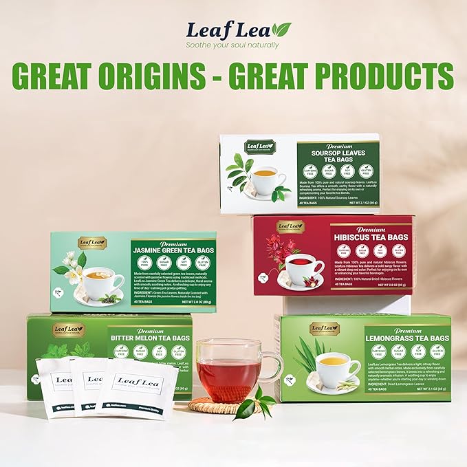 LeafLea 40 Jasmine Green Tea Bags, Premium Green Tea Scented with Jasmine Flowers for Gentle Support & Light Alertness, Floral Smoothness, Caffeinated, Sugar-Free, Non-GMO, Vegan, Individually Wrapped