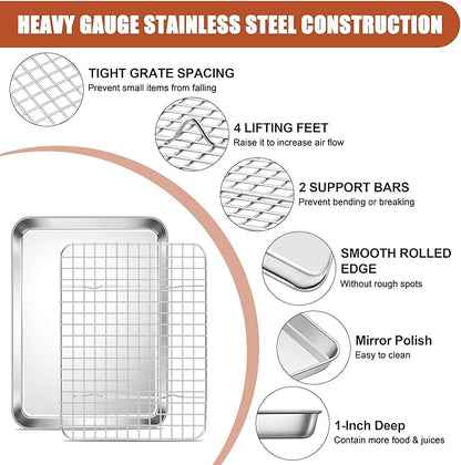 E-far Stainless Steel Baking Sheet with Wire Rack Set, 10.5” x 8.3” Cookie Sheet Baking Pan for Toaster Oven, Small Metal Tray with Cooling Rack for Cooking Roasting, Non-Toxic & Dishwasher Safe