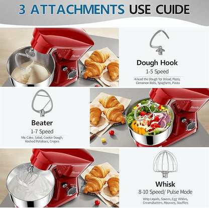 Facelle Stand Mixer, 10-Speed 6QT Kitchen Electric Mixer, Tilt-Head Food Mixer with Beater, Dough Hook, Wire Whip and Egg Separator, scraper for Most Home Cooks - Red