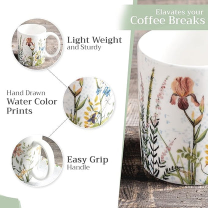 Maison d' Hermine Coffee Mug with Handles Fine Bone China Mugs Pack of One Tea Cups for Hot Beverages Cappuccino Latte Home Restaurant Office Perfect for Gift (Fleurs De Mai - Prairie, 12 Ounce)