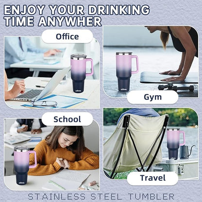 40 oz Insulated Coffee Mug with Ceramic Coating, Stainless Steel Travel Mug Tumbler with Handle Lid and Straw, Double Wall Leak-Proof Coffee Travel Mug Keeps Drink Hot and Cold (Purple Navy)