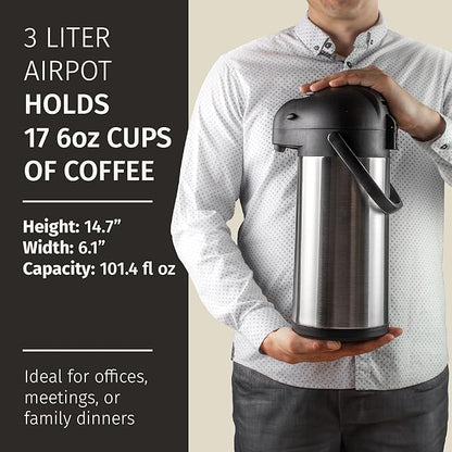 Coffee Carafe Airpot & Cleaning Brush - 101oz / 3L Airpot 12 Hours Hot Water Dispenser or 36 Hours Cold Drink Dispenser with Pump - Easy Dispensing Coffee Carafes for Keeping Hot Extra Large - Cresimo