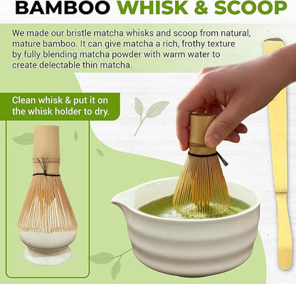 Matcha Whisk Set with Matcha Bowl - Matcha Set Included Electric Frother, Bamboo Whisk, Matcha Spoon, Bamboo Holder, Sifter, Spoon Stand (Wavy White)